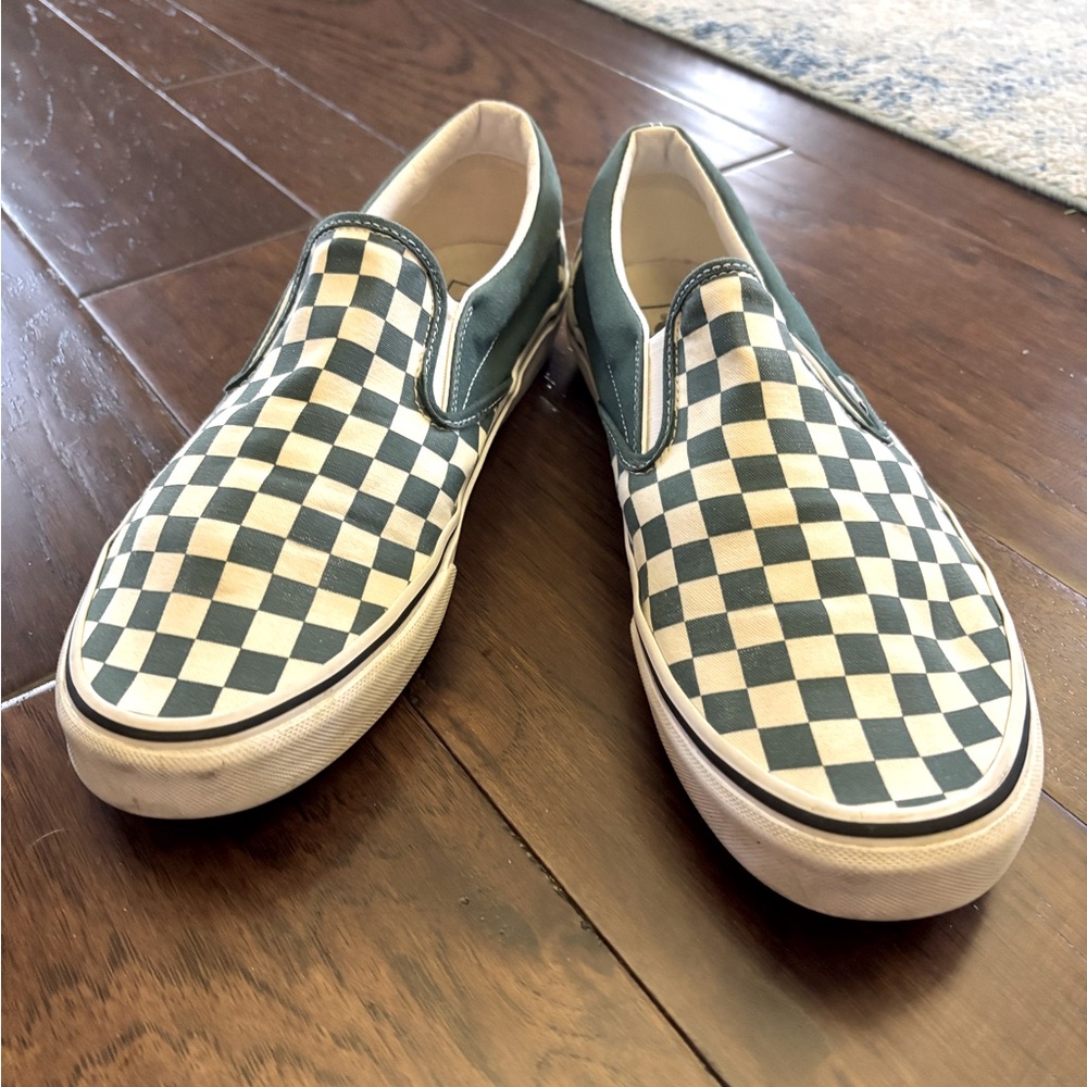 Vans Green and White Checkered Slip-On Sneakers